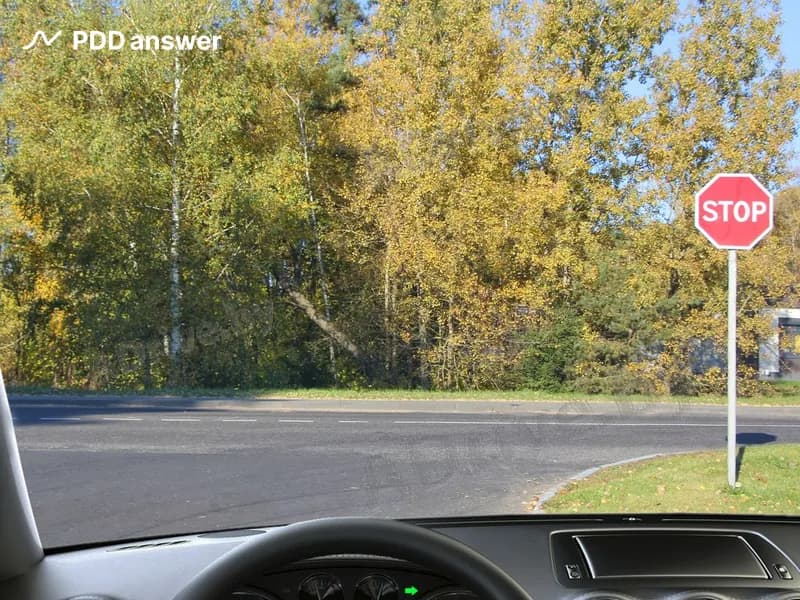 Должны ли Вы остановиться в показанной ситуации перед краем пересекаемой проезжей части дороги, если к перекрёстку не приближаются в пределах видимости по главной дороге транспортные средства?
