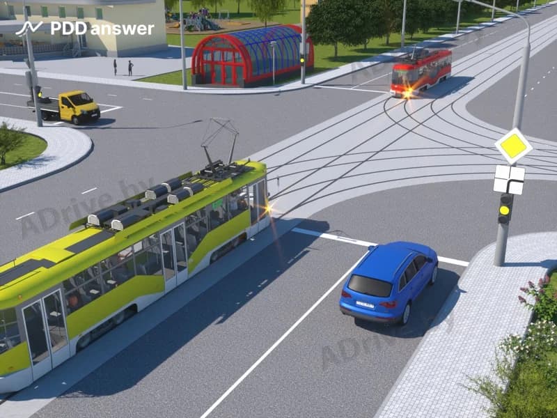 В показанной ситуации (на светофоре включён жёлтый мигающий сигнал) при движении прямо водитель легкового автомобиля: