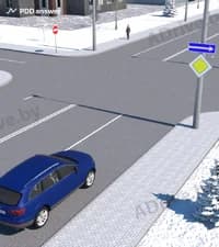 В каких направлениях разрешено продолжить движение водителю синего легкового автомобиля в показанной ситуации?