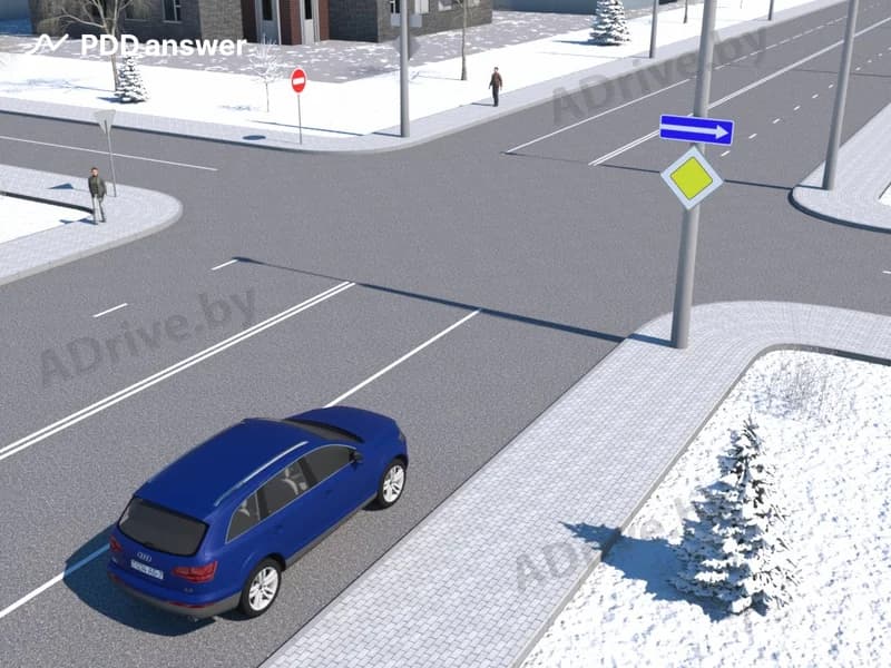В каких направлениях разрешено продолжить движение водителю синего легкового автомобиля в показанной ситуации?