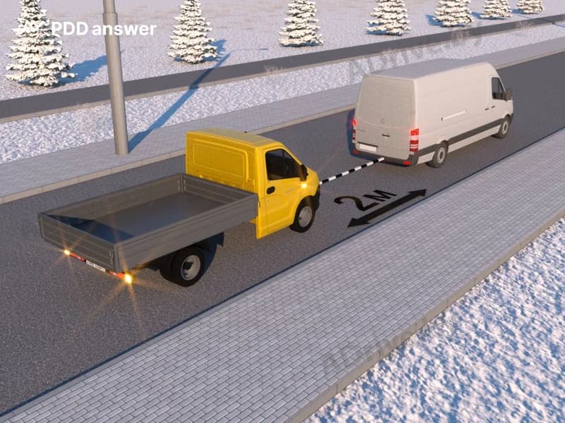 Соответствует ли расстояние между буксирующим и буксируемым транспортными средствами, показанное на рисунке, разрешённому Правилами дорожного движения для такого способа буксировки?