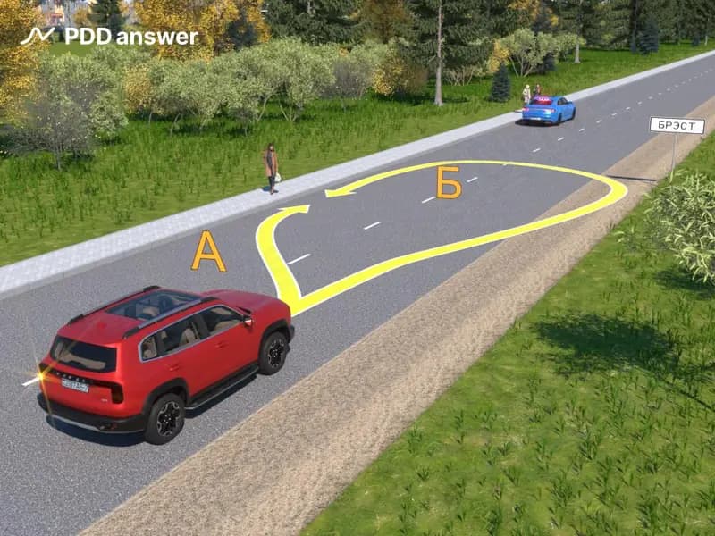 Двигаясь по какой из указанных траекторий, водитель красного легкового автомобиля может совершить остановку для посадки пассажира в показанной ситуации на дороге с двухсторонним движением?