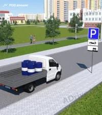 Разрешено ли водителю грузового автомобиля с технически допустимой общей массой не более 3.5 тонны за дорожным знаком совершить остановку или стоянку в показанной ситуации?