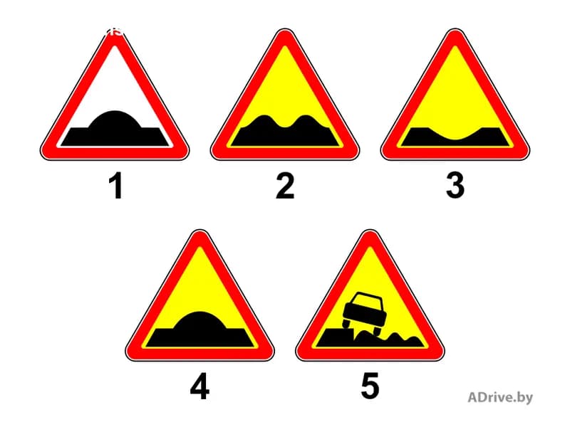 Какой из показанных на рисунке дорожных знаков информирует водителей о приближении к участку дороги, имеющему неплавные сопряжения с покрытием дороги в виде наплыва (бугра)?