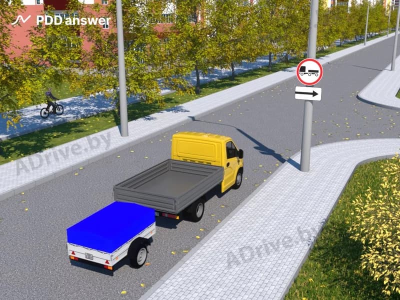 Разрешается ли водителю грузового автомобиля с технически допустимой общей массой до 3.5 тонны при движении с прицепом повернуть направо в показанной ситуации?
