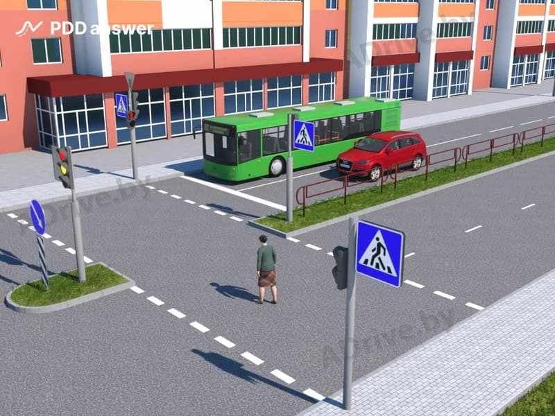 Как должен поступить пешеход, если при переходе проезжей части дороги на пешеходном светофоре включился красный сигнал?