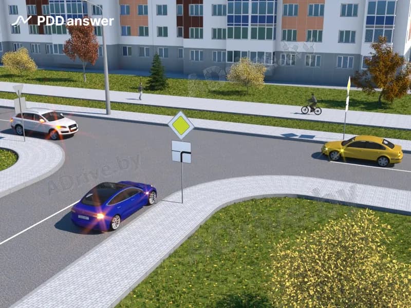 В какой последовательности должны проехать перекрёсток транспортные средства в показанной ситуации (жёлтый автомобиль поворачивает налево)?