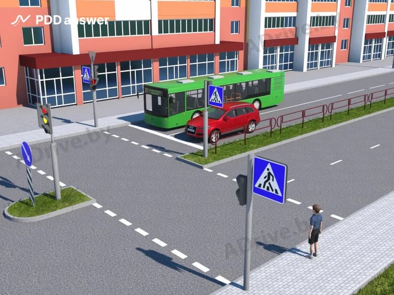 Разрешается ли пешеходу начать переход проезжей части дороги в показанной ситуации, если на пешеходном светофоре включился красный сигнал, а транспортные средства ещё не начали движение?