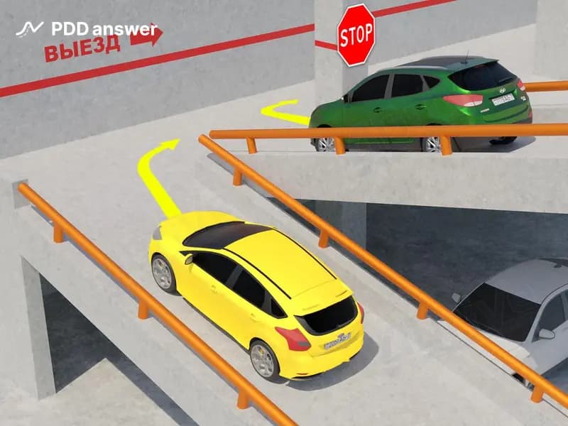 Должен ли в показанной ситуации водитель зелёного автомобиля уступить дорогу водителю жёлтого автомобиля?