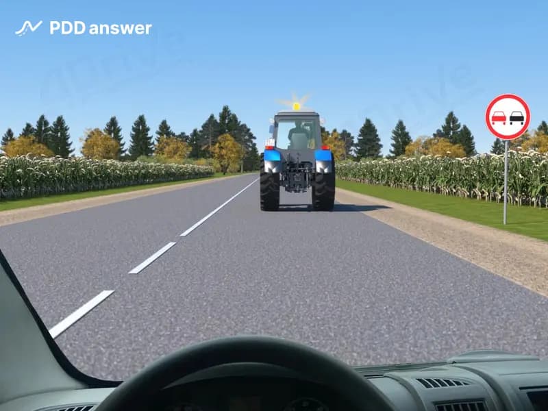 Разрешено ли Вам, управляя грузовым автомобилем с технически допустимой общей массой не более 3,5 тонны, совершить обгон одиночного трактора, пересекая сплошную линию разметки в показанной ситуации?