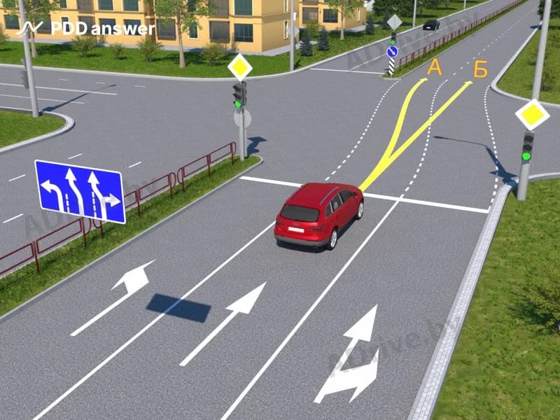 По какой из показанных на рисунке траекторий разрешено проехать перекрёсток водителю красного автомобиля?