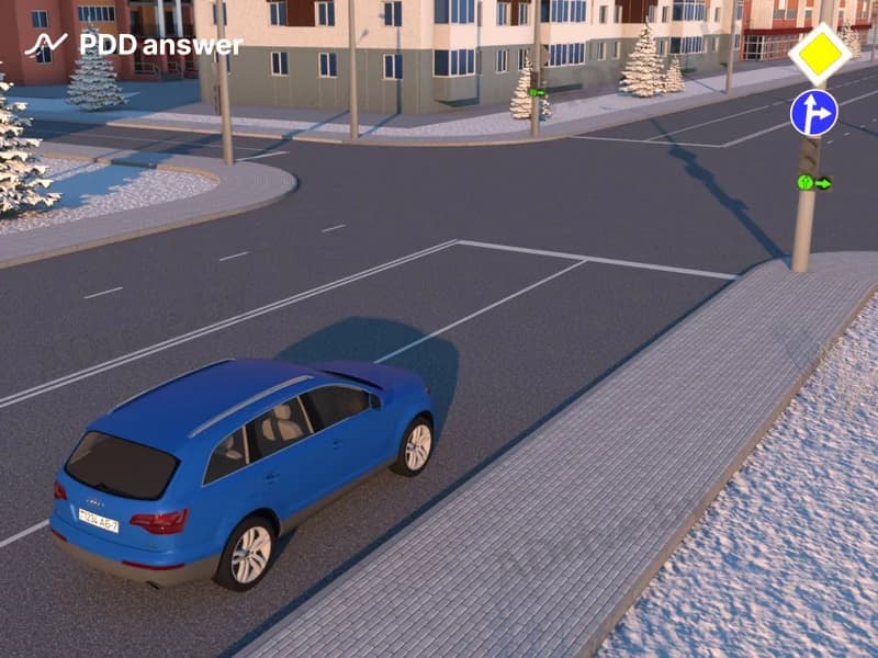 В каких направлениях разрешено продолжить движение водителю синего легкового автомобиля при таком сигнале светофора в показанной ситуации?