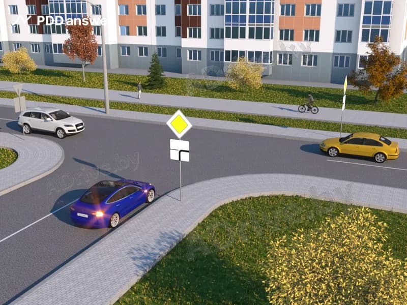 В показанной ситуации водитель синего легкового автомобиля проедет перекрёсток в намеченном направлении: