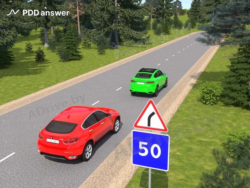 Нарушит ли Правила дорожного движения водитель красного легкового автомобиля, если он выполнит обгон на повороте, превысив скорость, указанную на дорожном знаке?