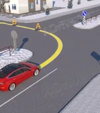 В какой точке водитель красного автомобиля должен прекратить подачу сигнала световыми указателями поворота?