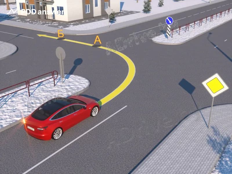 В какой точке водитель красного автомобиля должен прекратить подачу сигнала световыми указателями поворота?