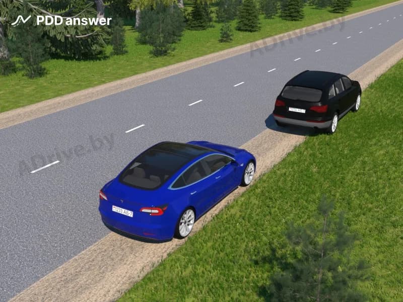 Водители синего и чёрного легковых автомобилей совершили остановку на дороге вне населённого пункта. Нарушили они Правила дорожного движения, поставив свои автомобили так, как показано на рисунке?