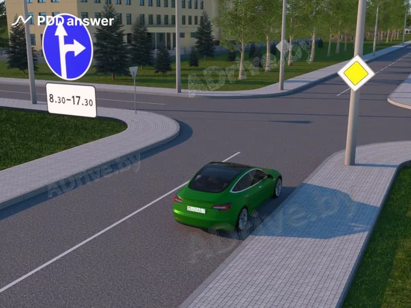 В каких направлениях разрешено продолжить движение водителю зелёного легкового автомобиля в воскресенье в 6 часов 30 минут?