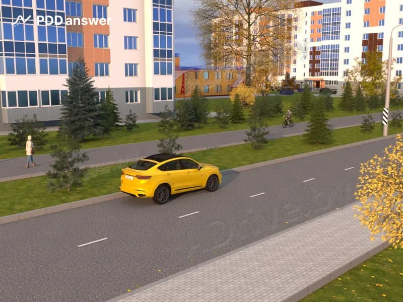 Разрешено ли водителю жёлтого автомобиля в показанной обстановке остановиться у левого края проезжей части дороги в населённом пункте?