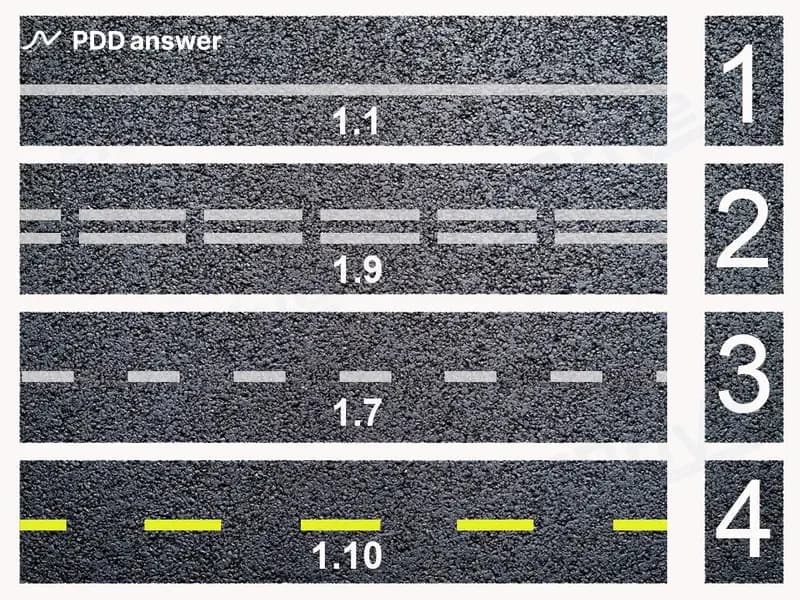 Какая из показанных линий горизонтальной дорожной разметки предназначена для обозначения полос движения в пределах перекрёстка?