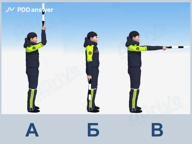 Какие из показанных сигналов регулировщика, учитывая его положение, не запрещают пешеходам перейти проезжую часть дороги слева от регулировщика?