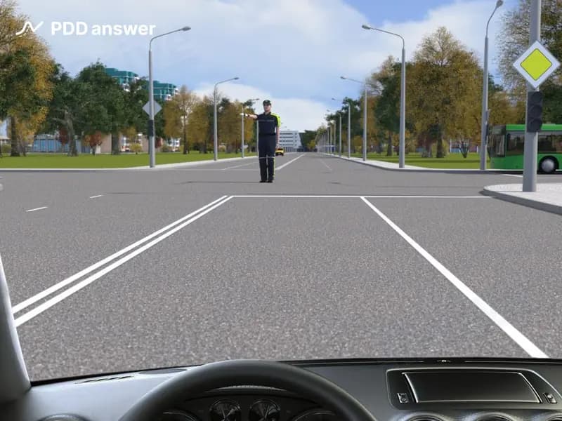 Разрешено ли Вам продолжить движение в показанной ситуации (рука регулировщика вытянута вперёд) из занимаемой полосы движения?