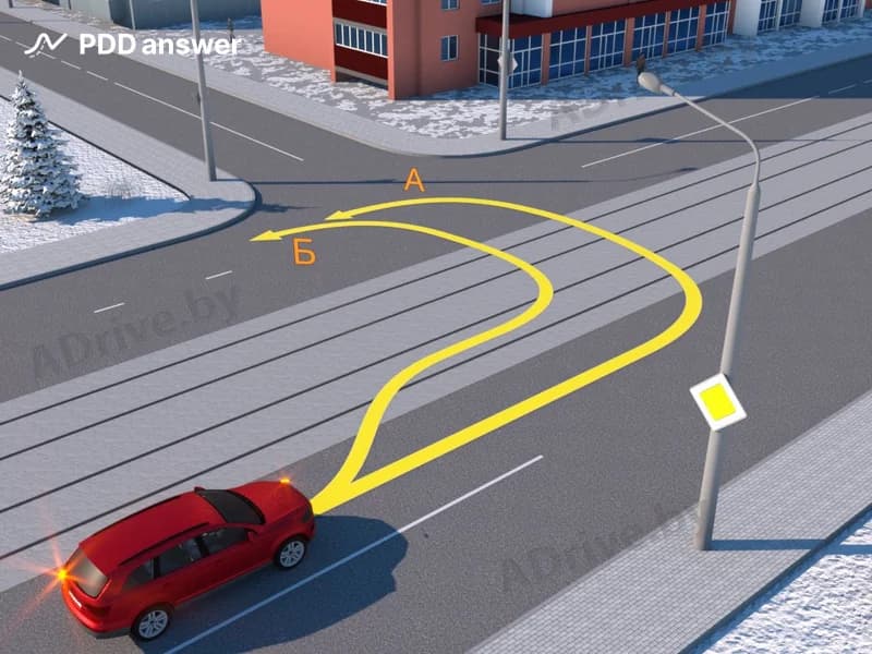 По какой траектории водитель красного автомобиля выполнит разворот в соответствии с Правилами дорожного движения?
