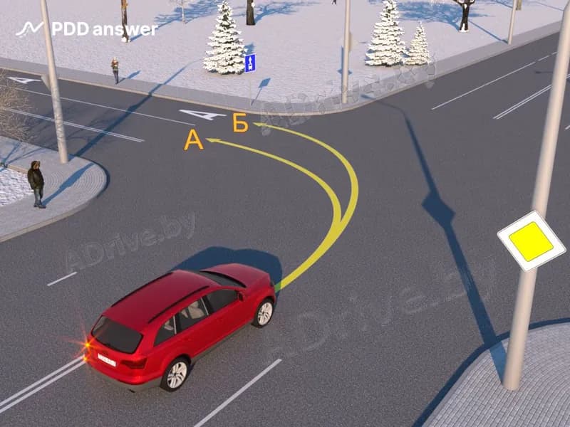 По какой траектории водителю красного легкового автомобиля следует выполнить поворот налево, если автомобиль приводится в движение двигателем внутреннего сгорания?