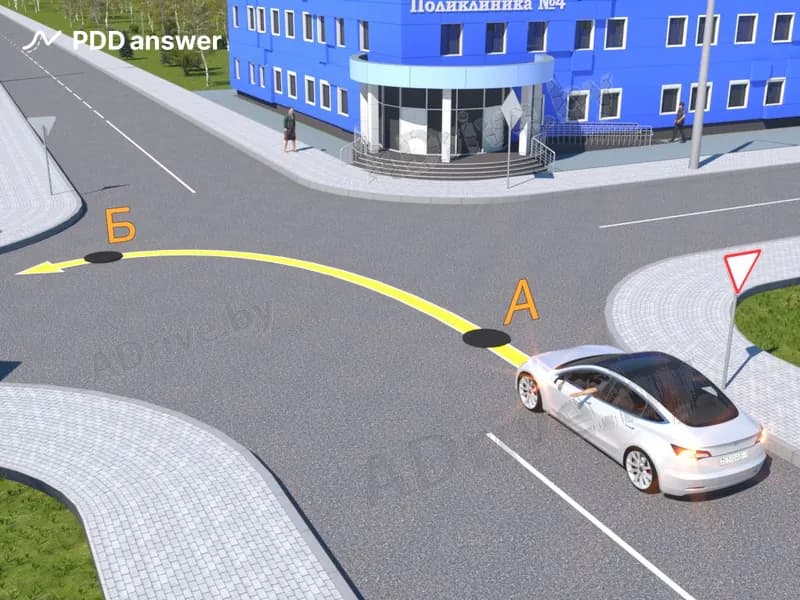В каком месте водитель белого автомобиля может прекратить подачу сигнала поворота рукой?