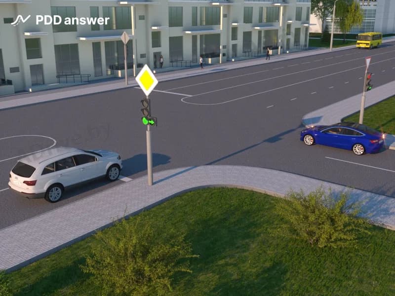 Как в показанной ситуации должен поступить водитель белого легкового автомобиля?