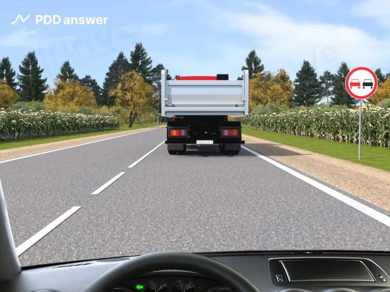 Разрешено ли Вам выполнить обгон одиночного грузового автомобиля в показанной ситуации, движущегося со скоростью не менее 30 км/ч?