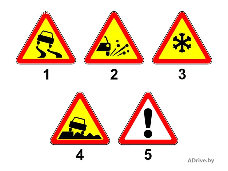Какой из показанных на рисунке дорожных знаков применяется для информирования водителей о приближении к участку дороги, на котором возможны снежные заносы либо ледяные или снежно-ледяные образования?