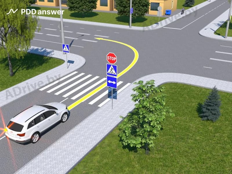 Нарушит ли Правила дорожного движения водитель белого автомобиля, повернув налево по траектории, обозначенной на рисунке?