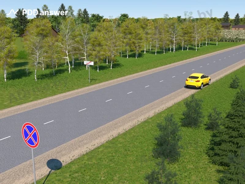 Нарушил ли водитель жёлтого автомобиля Правила дорожного движения, совершив остановку на обочине в показанной ситуации?