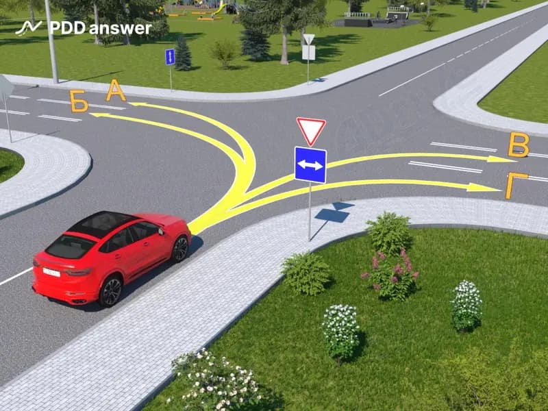 По каким траекториям из показанных  водителю красного автомобиля разрешено продолжить движение на перекрёстке?