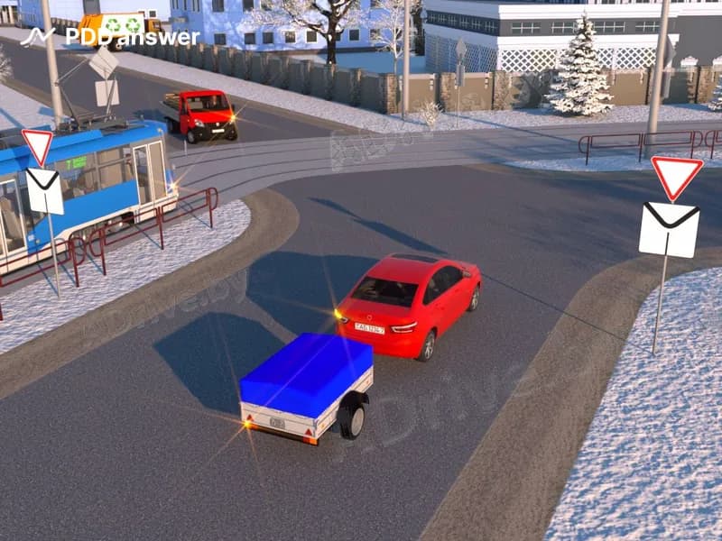 В показанной ситуации при повороте налево водитель легкового автомобиля с прицепом: