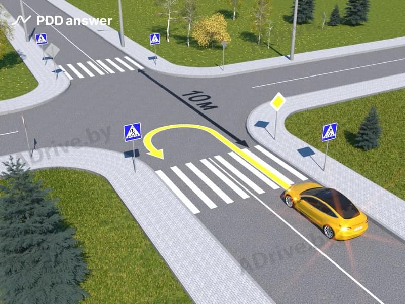 Нарушит ли Правила дорожного движения водитель жёлтого автомобиля, выполнив разворот по траектории, показанной на рисунке?