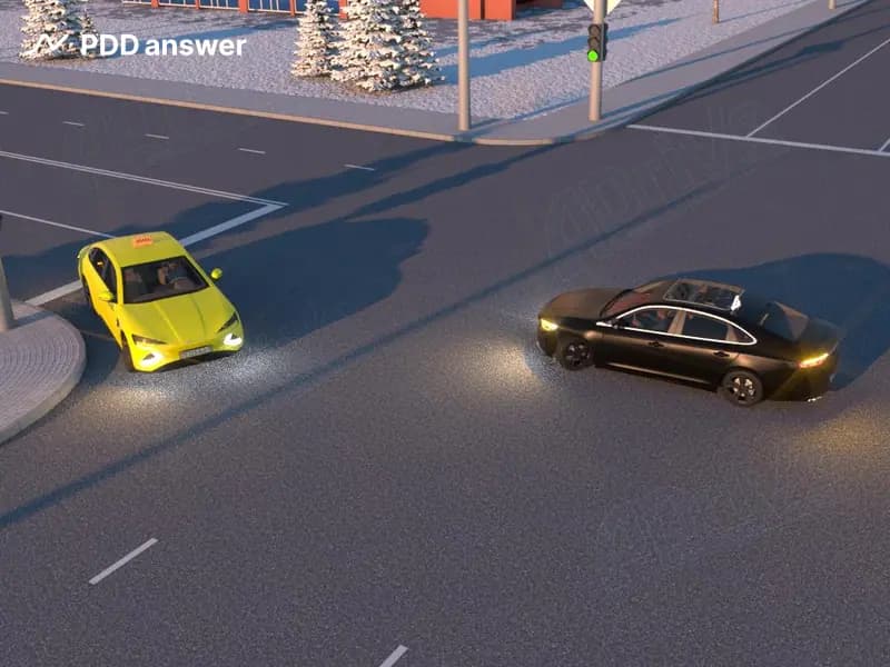 При развороте на перекрёстке, указанном экзаменатором, на разрешающий сигнал светофора Вы замечаете, что поворачивающий направо с пересекаемой дороги автомобиль-такси не уступает Вам дорогу. Ваши действия?