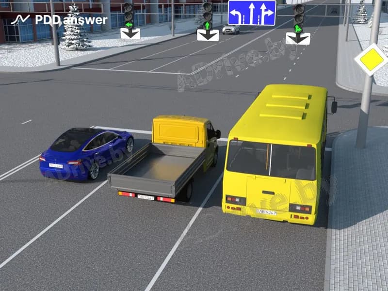 Каким транспортным средствам разрешено проехать перекрёсток прямо в показанной ситуации?