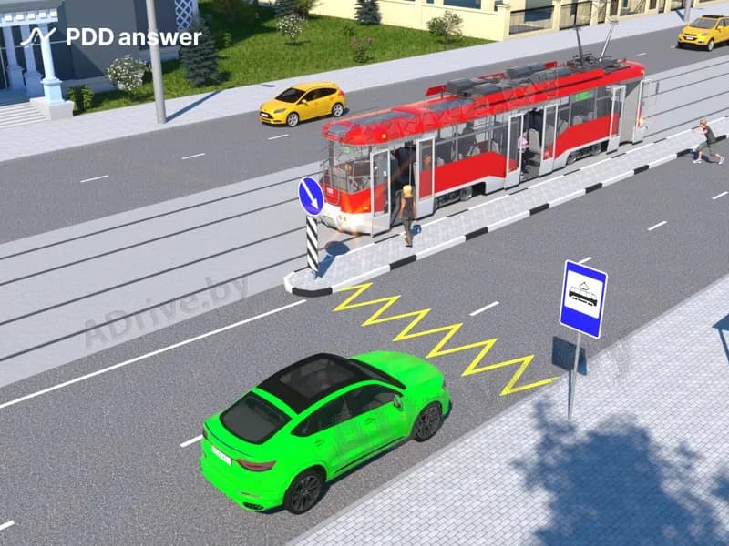 Когда можно возобновить движение водителю зелёного автомобиля, остановившемуся, чтобы предоставить преимущество пешеходам, совершающим посадку (высадку)?