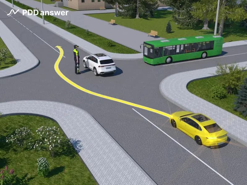 Разрешается ли выполнить обгон водителю жёлтого автомобиля на перекрёстке, изображённом на рисунке?