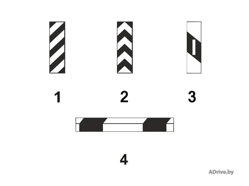 Под каким номером на рисунке показана вертикальная дорожная разметка, предназначенная для обозначения элемента дорожного сооружения, который необходимо объезжать только слева?