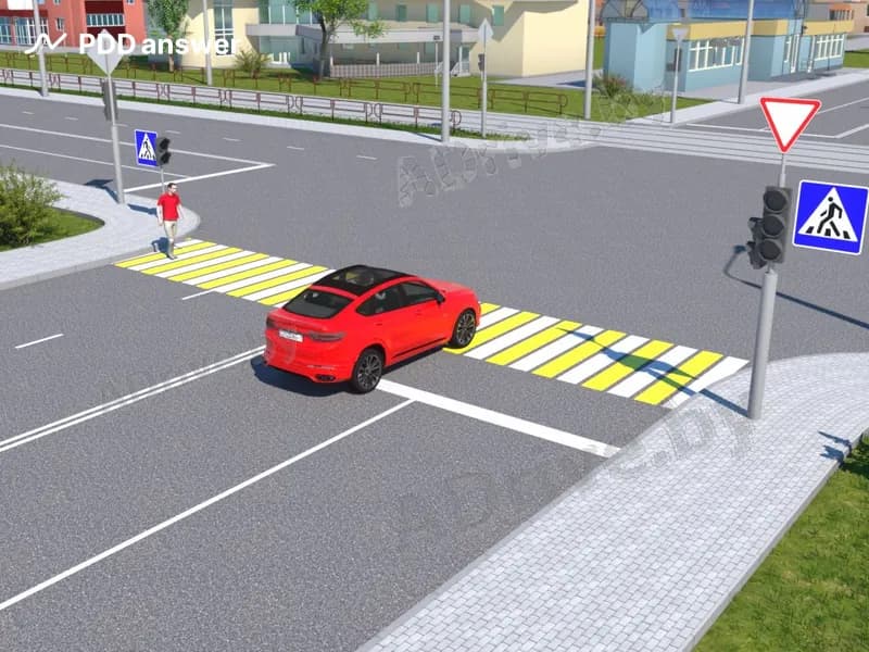 Предоставил ли преимущество водитель легкового автомобиля пешеходу, проезжая безостановочно пешеходный переход в показанной ситуации (светофор выключен)?