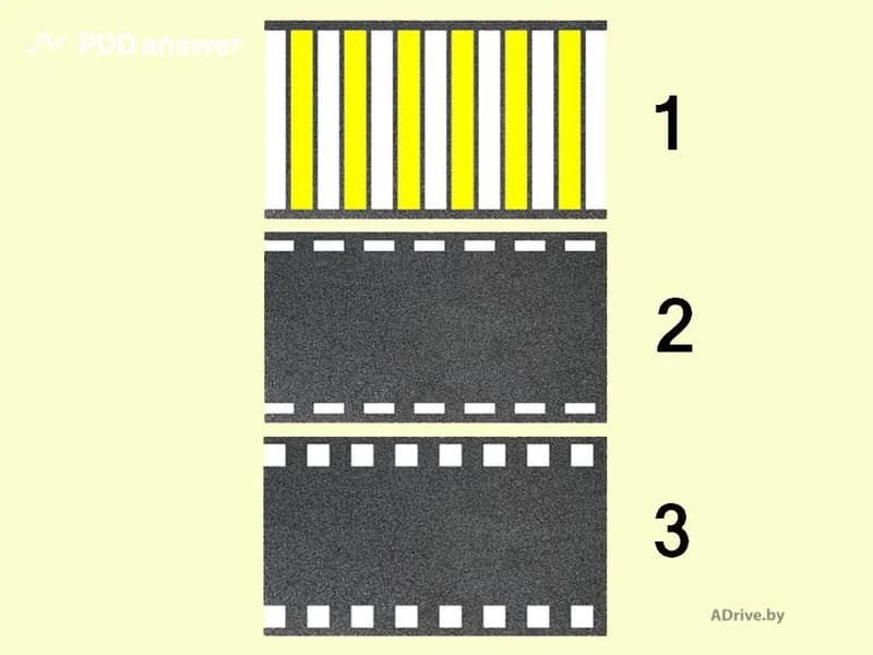 Какой из показанных видов дорожной разметки применяется только для обозначения пешеходного перехода, оборудованного дорожными светофорами?