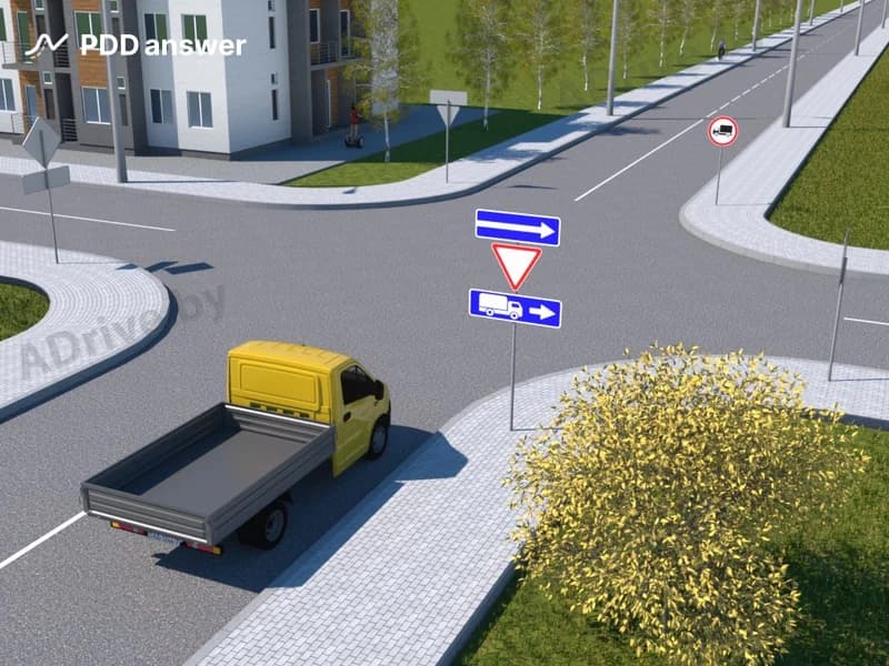 В каких направлениях разрешено продолжить движение водителю грузового автомобиля с технически допустимой общей массой не более 3.5 тонны?