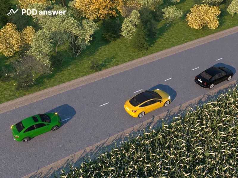 Как должен поступить в данной ситуации водитель жёлтого автомобиля, собирающийся выполнить обгон?