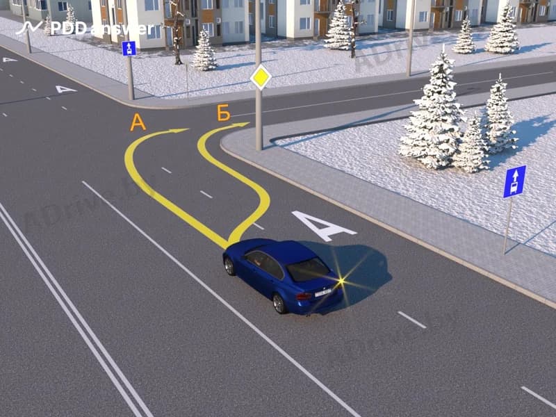 По какой из указанных траекторий водителю синего автомобиля разрешено повернуть направо?