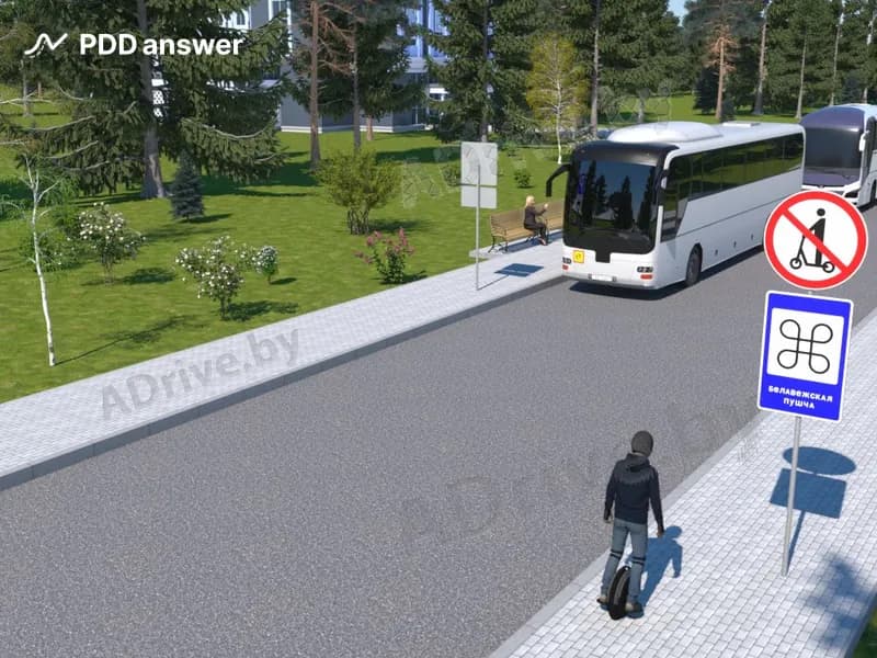 Разрешается ли водителю средства персональной мобильности продолжить движение прямо в показанной ситуации?