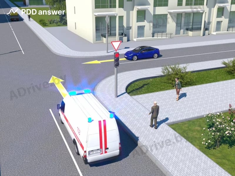 Может ли в показанной ситуации водитель автомобиля скорой медицинской помощи проехать перекрёсток на запрещающий сигнал светофора?