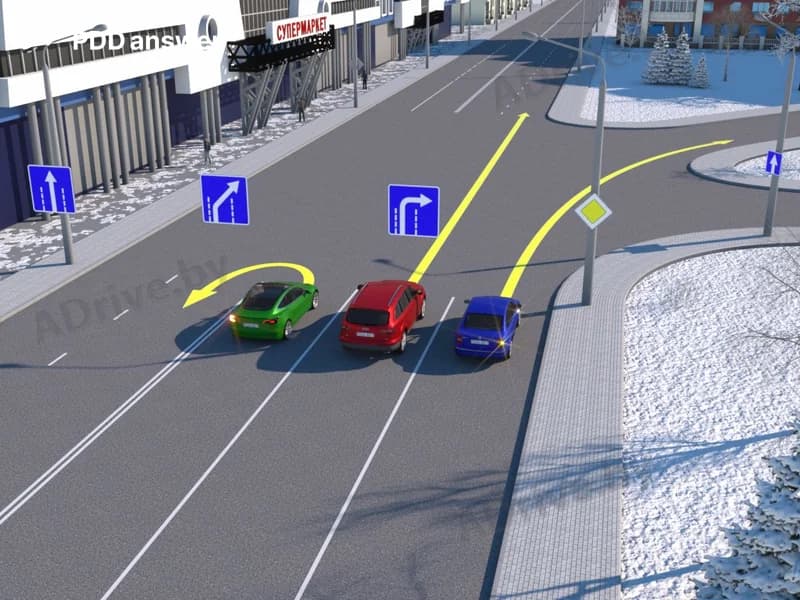 Кто из водителей в ситуации, изображённой на рисунке, нарушит Правила дорожного движения, проехав перекрёсток в показанных направлениях?